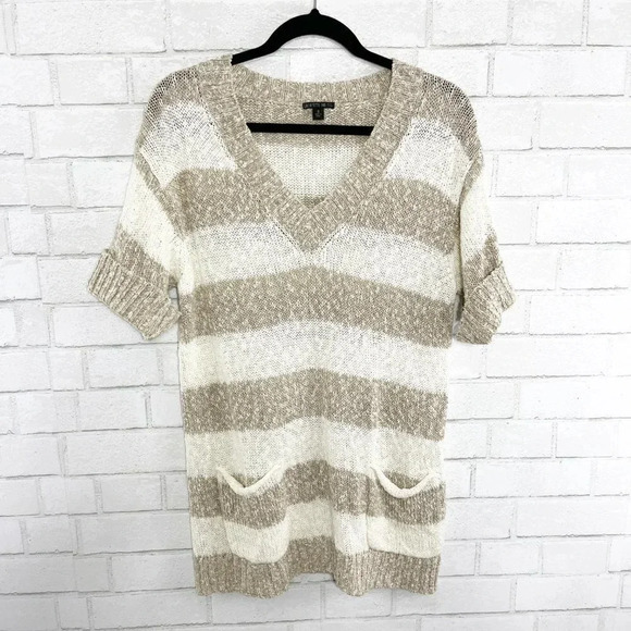 Lafayette 148 White & Tan Striped Open Knit Short Sleeve Sweater Linen + Cotton - Picture 2 of 8